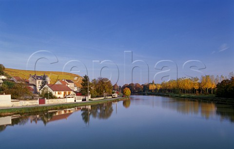 The Clos des Goisses vineyard of Philipponat above MareuilsurAy and the Canal Latral de la Marne Marne France Champagne