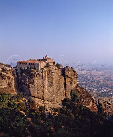 St Stephen Nunnery Agios Stephanos in the Meteora with the Plain of Thessaly beyond Greece