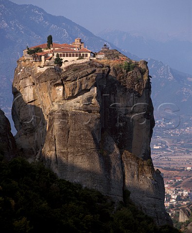 The Monastery of the Holy Trinity Agios Trias on one of the rock pinnacles of the Meteora above Kalambaka and the Plain of Thessaly Greece