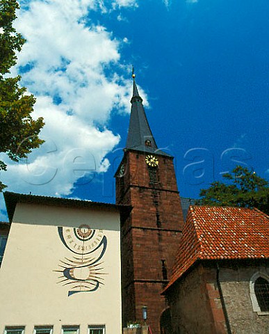 Church tower and sundial in the wine town of   Deidesheim Pfalz Germany  Mittelhaardt Deutsche   Weinstrasse