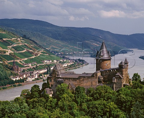 Burg Stahleck at Bacharach with the town of Lorch and its vineyards across the River Rhine Germany Mittelrhein  Rheingau