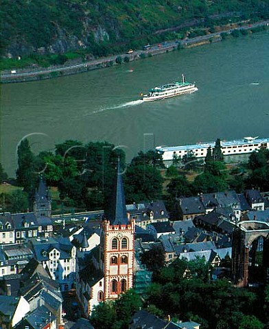 Town of Bacharach with passenger cruiser on the   River Rhine Germany      Mittelrhein