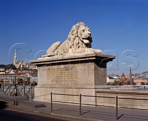 Lion at end of Szechenyi Lanchid Bridge over the Danube Budapest Hungary