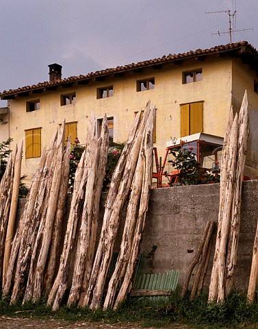 Vine stakes by farmhouse near Oslavia Friuli   Italy  Collio
