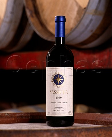 Bottle of Sassicaia 1989 in the barrique cellar at   Tenuta San Guido Bolgheri Tuscany Italy