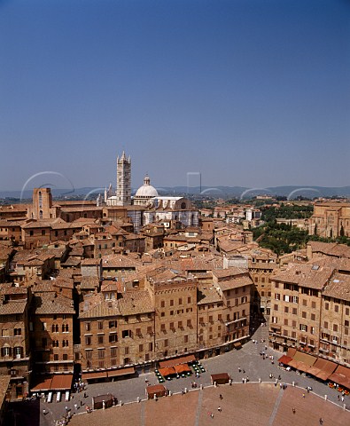 View across the Piazza del Campo to the cathedral   Siena Tuscany Italy