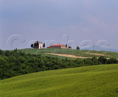 Farmhouse and chapel on hilltop near Pienza Tuscany Italy