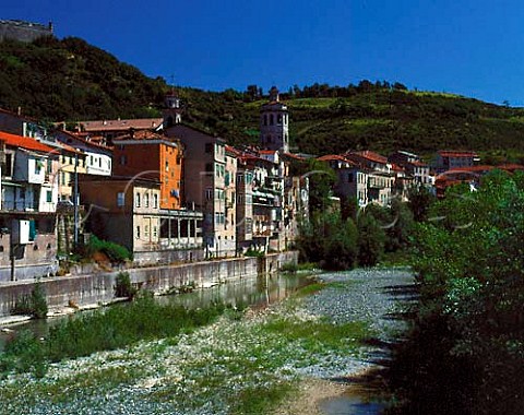 The wine town of Gavi viewed over the almost dry River Lemme Piemonte Italy   Gavi