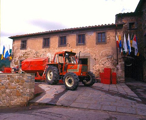 Harvested Sangiovese grapes arriving at Castello di   Volpaia Tuscany Italy  Chianti Classico