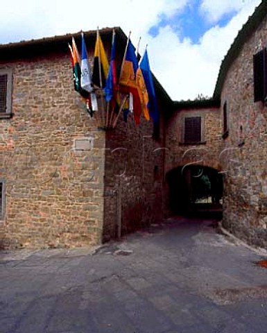 Flags celebrate a music festival organised by   Castello di Volpaia in the medieval village of   Volpaia Tuscany Italy   Chianti Classico