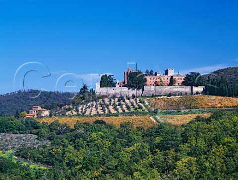 Castello di Brolio above its autumnal vineyards Tuscany Italy Chianti   Classico