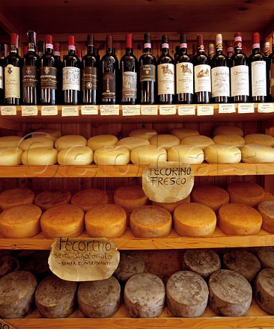 Local Pecorino cheeses and Tuscan wines on sale in   La Bottega del Naturista Pienza Tuscany Italy