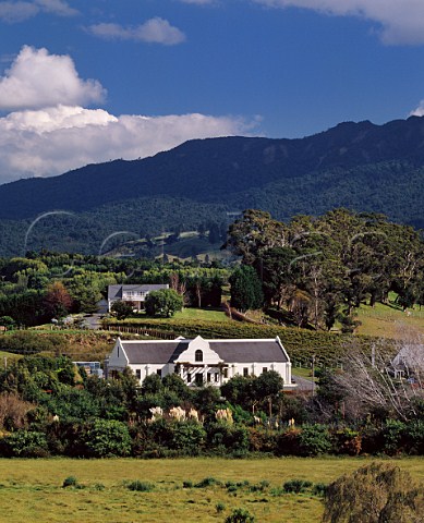 Morton Estate cellardoor building with the Kaimai Range beyond Katikati near Tauranga New Zealand Bay of Plenty