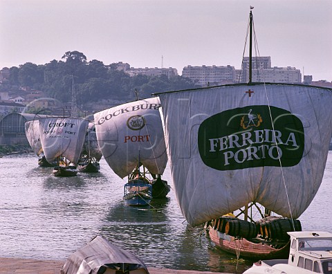Barcos Rabelos moored on the Douro River at Vila Nova de Gaia Porto Portugal Port