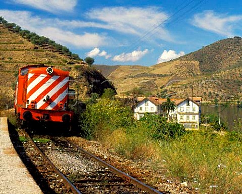 The Douro train passing Symingtons Quinta do   Vesuvio as it arrives at Vesuvio station High in the   Douro Valley to the east of Pinho Portugal  Port    Douro