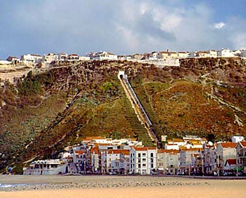 Funicular railway connecting the old town Sitio of   Nazar to the new town on the seafront    Estremadura Portugal