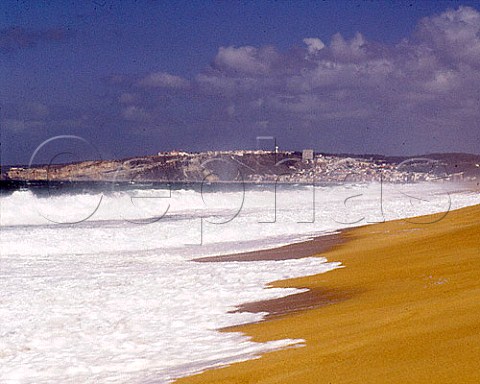 Town of Nazare viewed from Praia do Salgado beach Estremadura Portugal