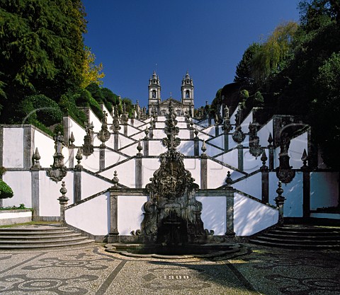 The church of Bom Jesus do Monte at the top of its vast Baroque staircase of white plaster and granite Braga Minho Portugal
