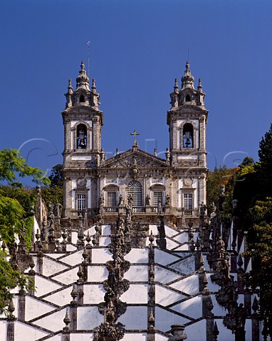 The church of Bom Jesus do Monte at the top of its  Baroque staircase of white plaster and  granite  Braga Minho Portugal
