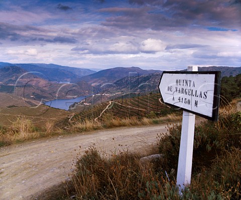 Signpost at top of track leading to Quinta de Vargellas and the Douro River high in the valley to the east of Pinho Portugal  Port