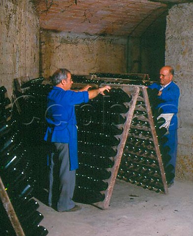Performing the remuage on bottles of Cava in cellar   of Juv y Camps San Sadurni de Noya Catalonia   Spain