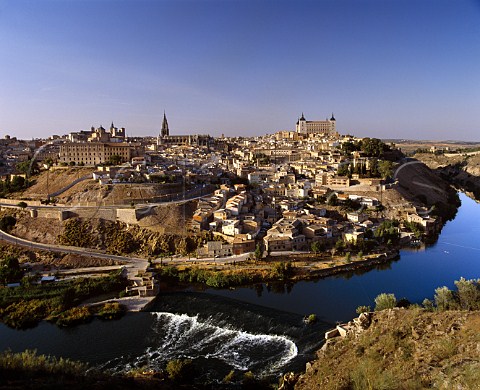 Toledo situated in a bend of the Tajo River The   Alcazar is right of centre the cathedral left   CastillaLa Mancha Spain
