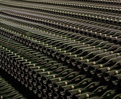 Bottles of sparkling wine stored sur lattes in the bodega of Lapatena Santa Cruz de Arrobaldo Galicia Spain   DO Ribeiro