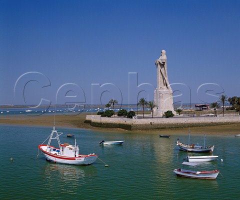 Statue of Christopher Columbus 36m high at the  confluence of the Rio Tinto and Rio Odiel near to  where he set sail with his 3 ships Santa Maria  Pinta and Nina  Huelva Andalucia Spain
