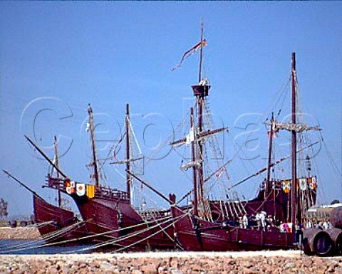 Replicas of Christopher Columbuss three ships the   Santa Maria Pinta and Nina near Palos de la   Frontera from where he set sail on his historic voyage Huelva Andalucia Spain