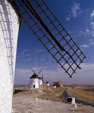 Windmills and 12thcentury castle at Consuegra CastillaLa Mancha Spain