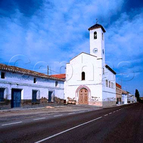 White church in village of Mora de Santa Quiteria   Albacete Province Spain DO Jumilla