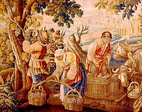 Harvesting and treading grapes detail of   tapestry in the offices of Miguel Torres    Vilafranca del Penedes Catalonia Spain