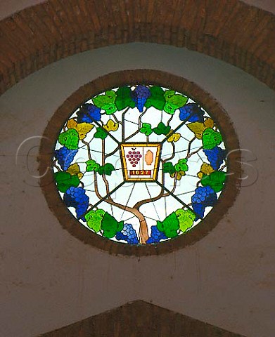 Stainedglass depicting a bunch of grapes and a hand    the emblem of the Raimat Estate  Lerida Catalonia Spain   Costers del Segre