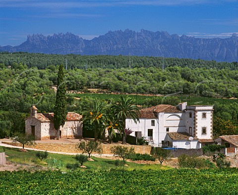 The Agulladolc estate of Miguel Torres with the Sierra de Montserrat in distance Near Mediona Catalonia Spain Peneds
