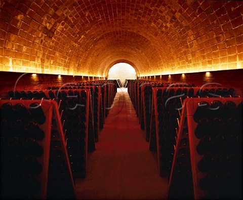 Bottles of Cava in pupitres in the cellars of   Raventos i Blanc Sant Sadurni dAnoia Catalonia   Spain Penedes DO