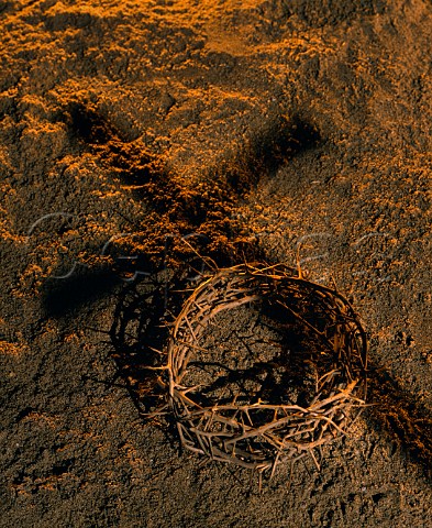 Crown of Thorns on sand with shadow of cross over it