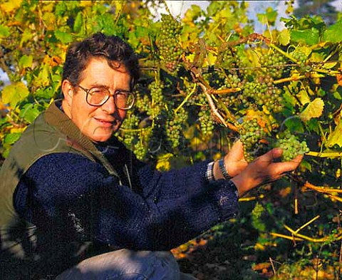 David CarrTaylor with MllerThurgau grapes in his vineyard at Westfield near  Hastings Sussex England