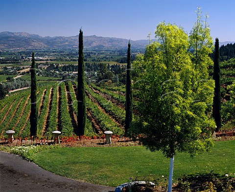 St Helena and Napa Valley viewed from the gardens of Newton Vineyards St Helena California