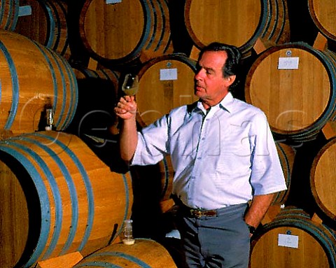 Warren Winiarski with freshly pressed Chardonnay must in his barrel room Stags Leap Wine Cellars Silverado Trail Napa valley California