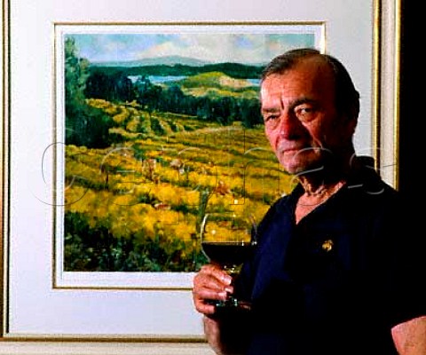 Mark Miller winemaker and illustrator with his painting Harvest at Benmarl 1958   Benmarl Wine Company Marlboro New York  Hudson River AVA