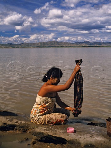 Washing clothes in the Irrawaddy River Pagan Myanmar