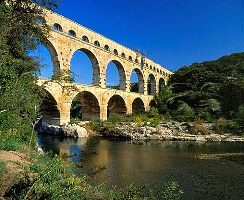Pont du Gard a Roman aqueduct 45m high and 275m long built to carry the Nmes water supply across the Gardon River near Remoulins Gard France