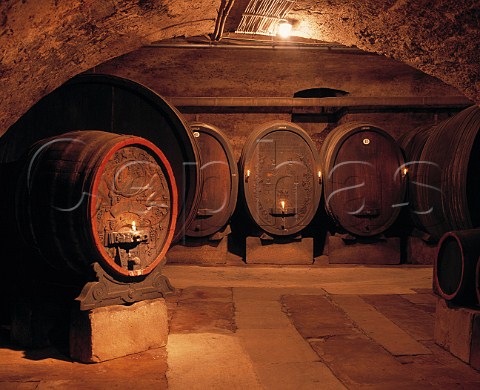 Decorative barrel in the traditional wine cellars of Weingut von Buhl Deidesheim Germany Rheinpfalz
