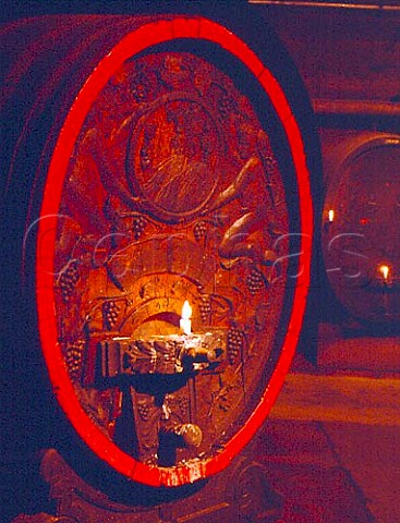 Decorative barrel in the traditional cellars of   Weingut von Buhl in Deidesheim Pfalz Germany