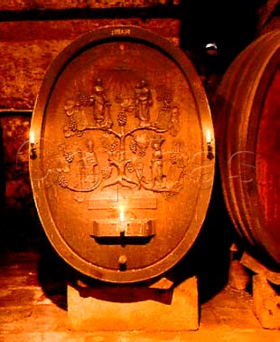 Decorative barrel in the traditional part of the   cellars of Weingut von Buhl Deidesheim Germany     Pfalz