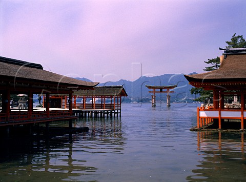 Itsukushima Shrine built on stilts above tidal   water at Miyajima Hiroshima Prefecture                Japan