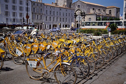 Rental bicycles awaiting use in La Rochelle CharenteMaritime France  PoitouCharentes