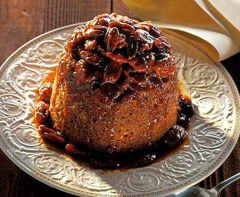 Caramel pecan nut steamed pudding with chocolate   sauce
