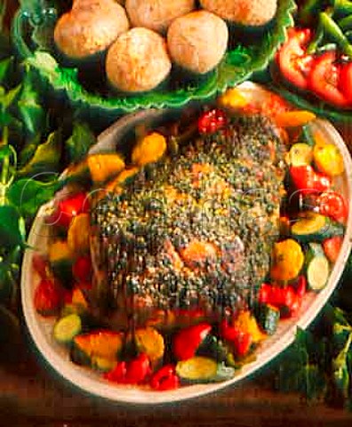 Lamb in herb crust with bakedroasted vegetables