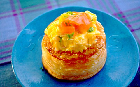 Volauvents filled with scrambled egg   and topped with smoked salmon